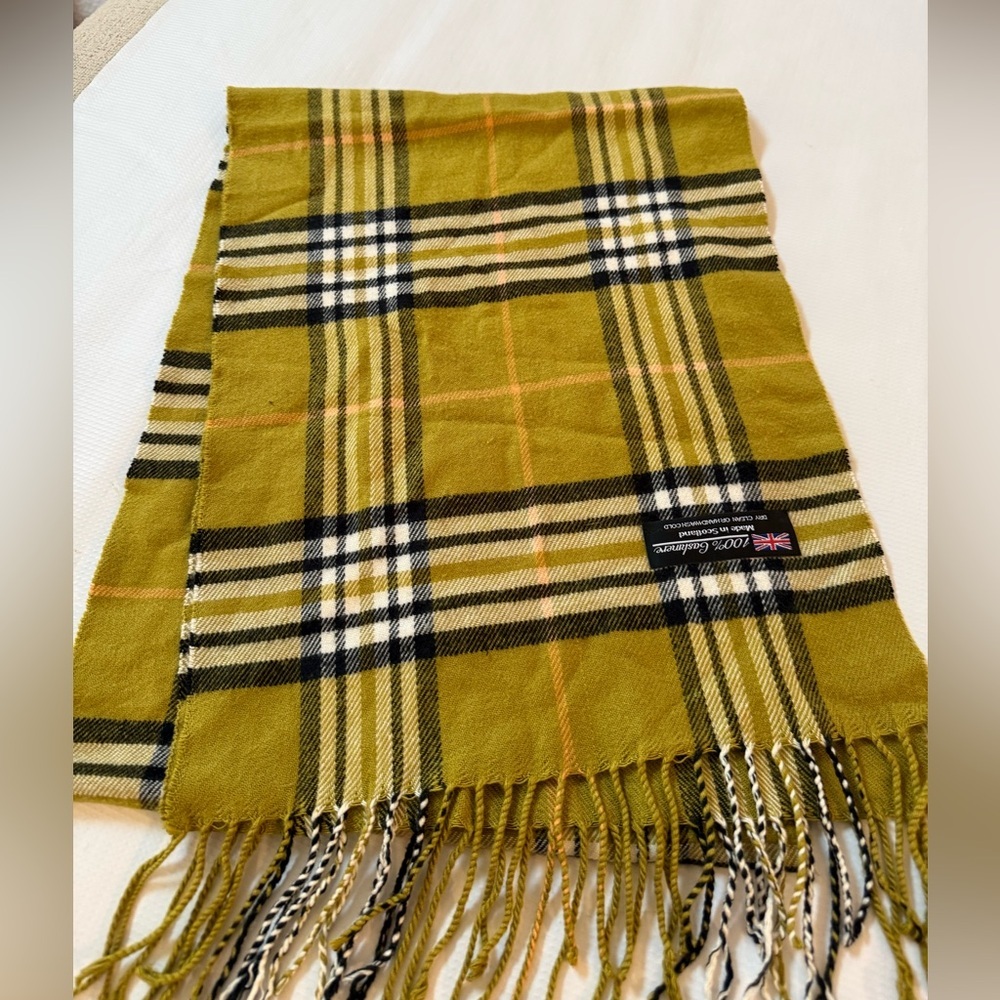 Beautiful and Soft Cashmere Olive Mustard Green  Checkered Scarf Made n Scotland